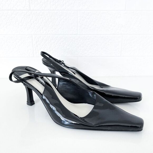 Nine West Womens Patent Leather Square Toe Slingback Heeled Pumps Black Size 6M - Picture 1 of 8
